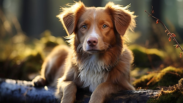 Perro en el bosque en un tronco rojo Nova Scotia Duck Tolling Retriever en la naturaleza foto de mascotas generada ai