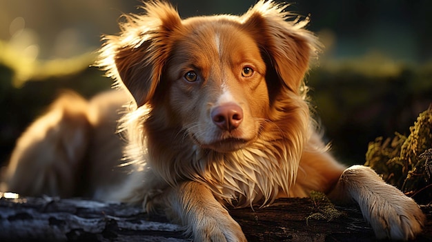 Perro en el bosque en un tronco rojo Nova Scotia Duck Tolling Retriever en la naturaleza foto de mascotas generada ai