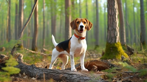 Un perro se para en un bosque.