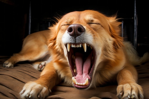 un perro bostezando en una cama con la boca abierta