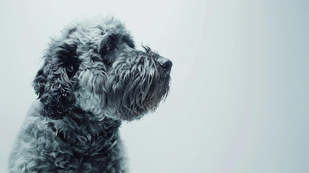 El perro Bouvier des Flandres sobre un fondo blanco