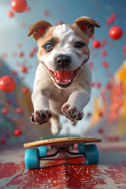 Un perro boxeador blanco y pálido está patinando en una rampa