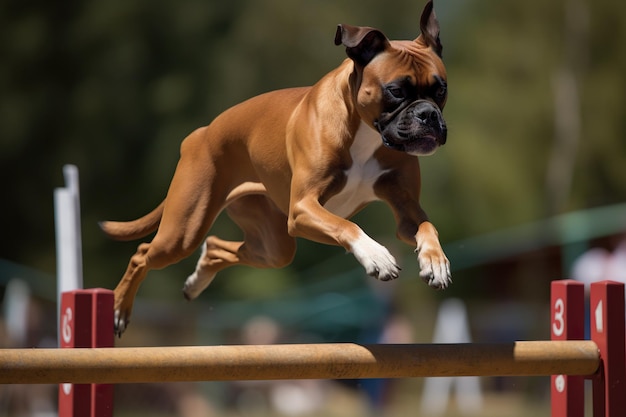 Foto el perro boxeador vence con alegría el desafío de agilidad