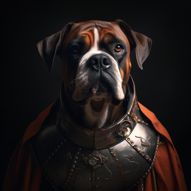 Un perro boxer con una armadura que tiene la palabra "rey".