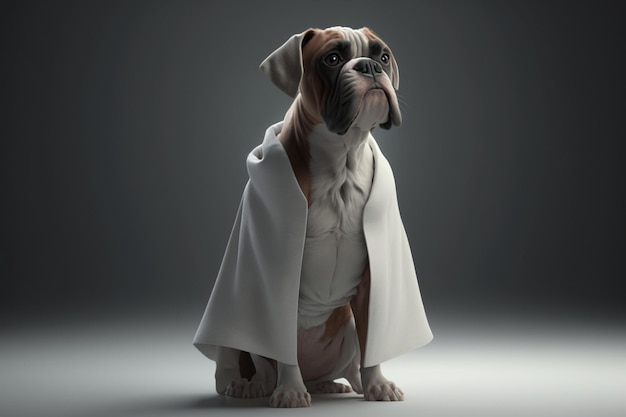 Un perro boxer con una capa blanca y una capa blanca.