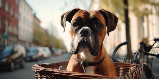 El perro boxer se divierte en bicicleta el día del sol por la mañana en verano en la calle de la ciudad