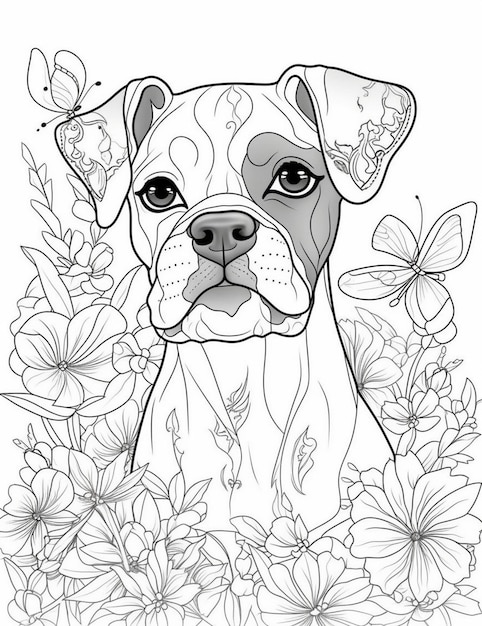 Un perro boxer en un jardín de flores.