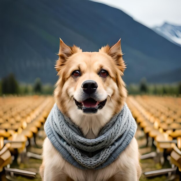 Un perro con una bufanda y una bufanda gris se para en un campo con una montaña al fondo.