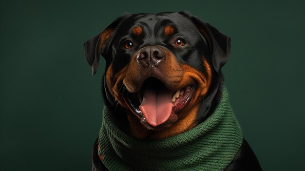 Un perro con una bufanda verde con la palabra rottweiler.