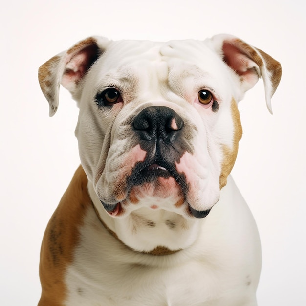 Perro bulldog americano primer plano retrato aislado sobre fondo blanco Valiente mascota leal amigo