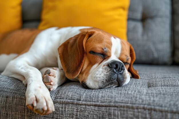 El perro bulldog Beagle duerme en un sofá acogedor en la sala de estar