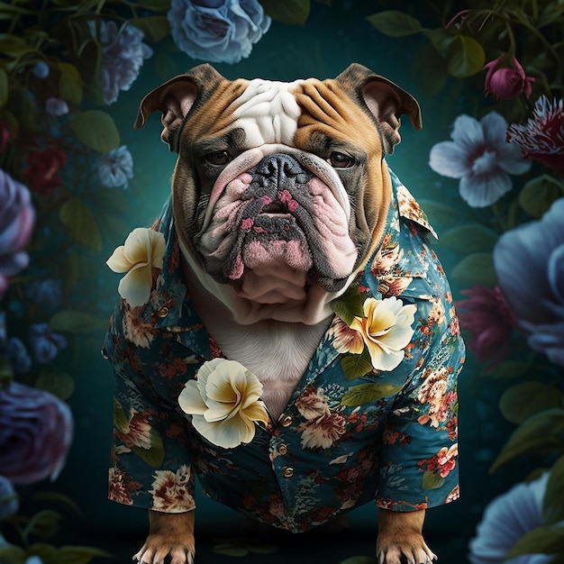perro bulldog cachorro en la flora floral flores en flor trajes