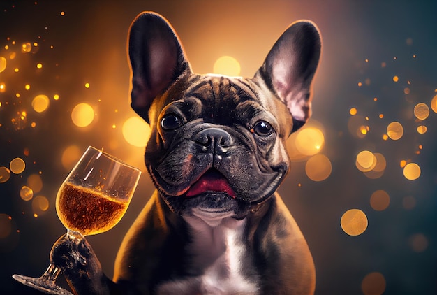 Perro bulldog francés feliz con copa de vino tostada en fiesta y fondo claro bokeh dorado Concepto de animal y mascota Ilustración de arte digital IA generativa