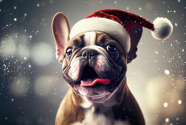 Perro bulldog francés feliz disfrazado de Papá Noel y fondo bokeh brillante Concepto animal y festivo IA generativa