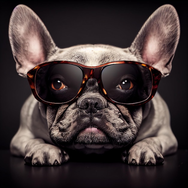 Perro bulldog francés con gafas de sol retrato 3d renderizado