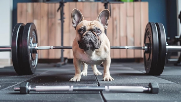 Perro bulldog francés junto a la barra en el entrenamiento de perros del gimnasio