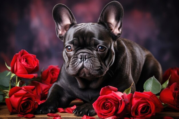 Foto perro bulldog francés con rosas rojas en fondo oscuro primer plano tema del día de san valentín