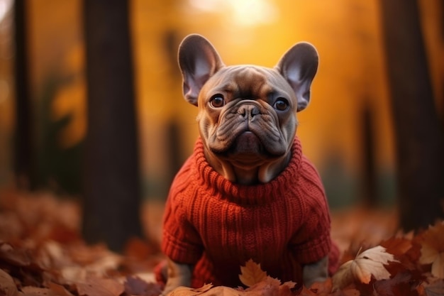 Un perro bulldog francés con un suéter se sienta en un bosque otoñal