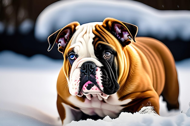 Perro bulldog inglés en la nieve Retrato de un bulldog Inglés Perro lindo