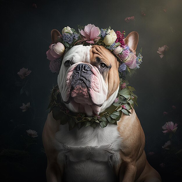Perro bulldog realista con plantas florales pastel con flores en flor pastel