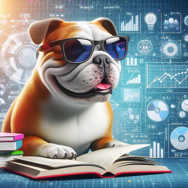 Foto perro bulldog sonriendo con gafas de sol leyendo libros y resolviendo análisis de datos matemáticos en concepto foto gratuita