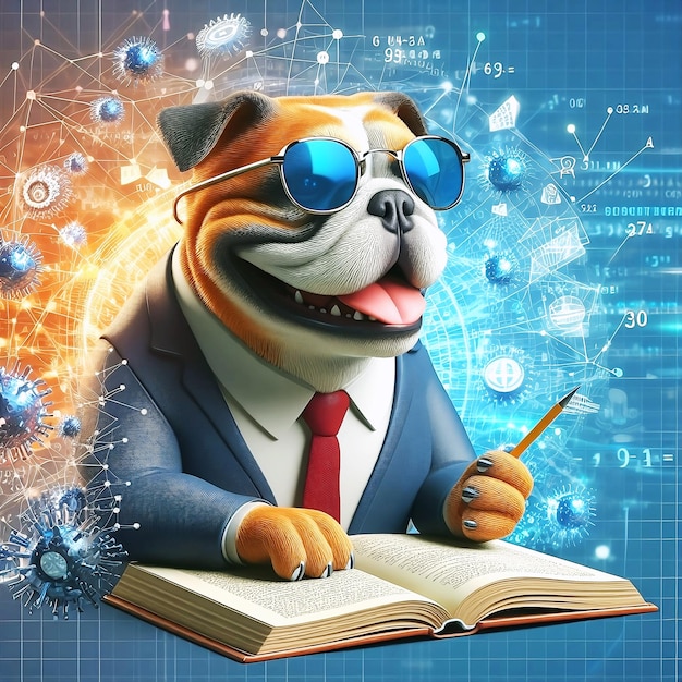 Perro bulldog sonriendo con gafas de sol leyendo libros y resolviendo análisis de datos matemáticos en concepto foto gratuita