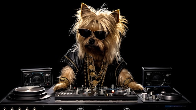 Un perro con cabeza de dj y gafas está tocando música.