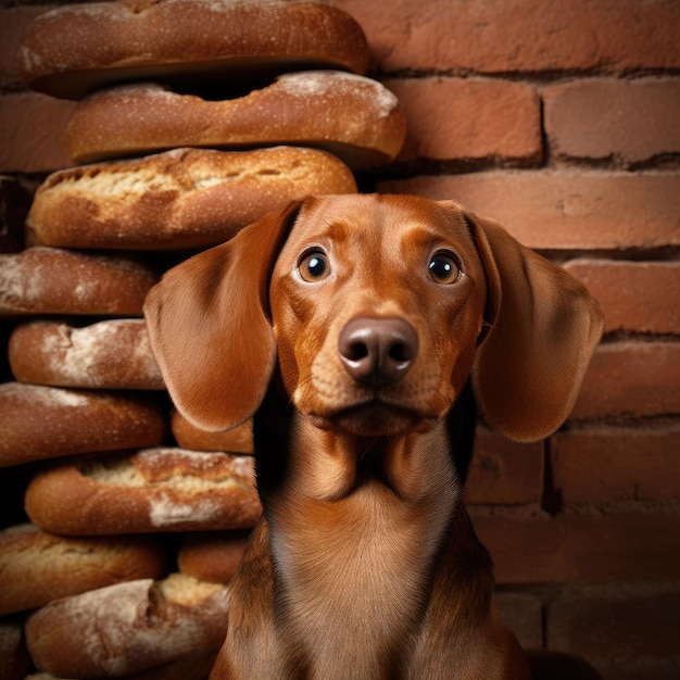un perro con una cabeza marrón y un montón de pan en el fondo.