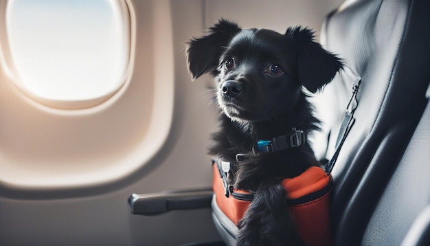 Perro en la cabina del avión cerca de la ventana durante el concepto de vuelo de viajar y moverse con