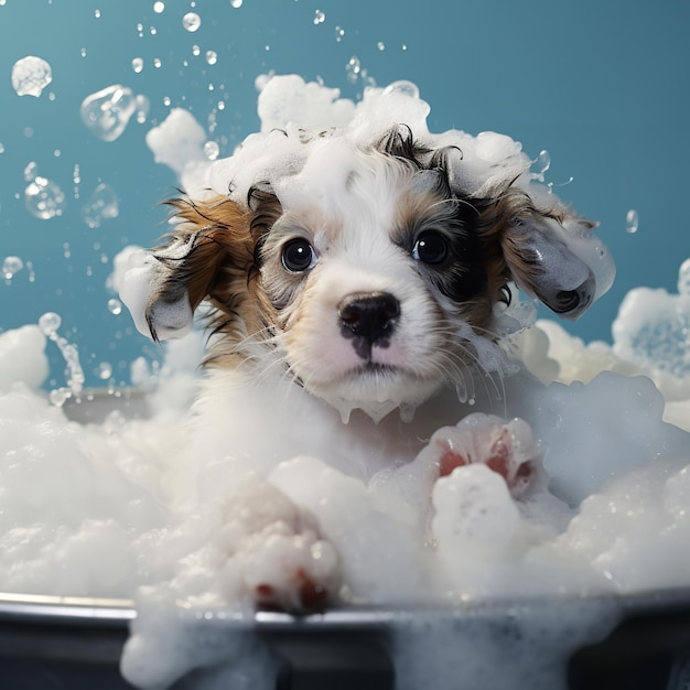 Foto perro cachorro bebé recibiendo un baño de jabón generativo ai