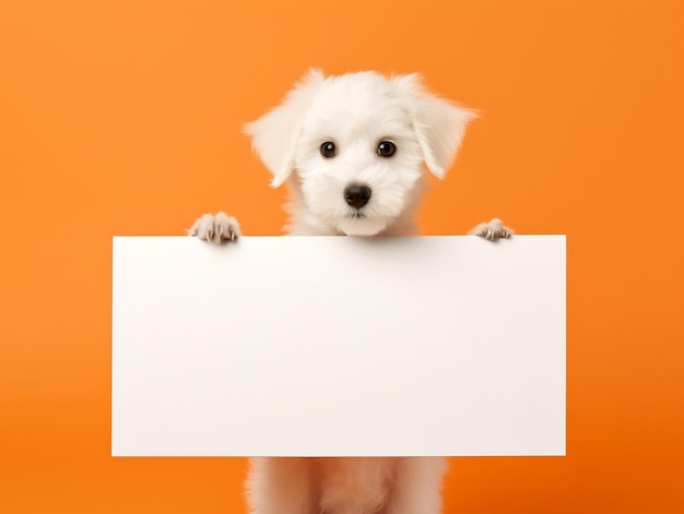 Perro cachorro blanco sosteniendo un letrero en blanco sobre un fondo naranja