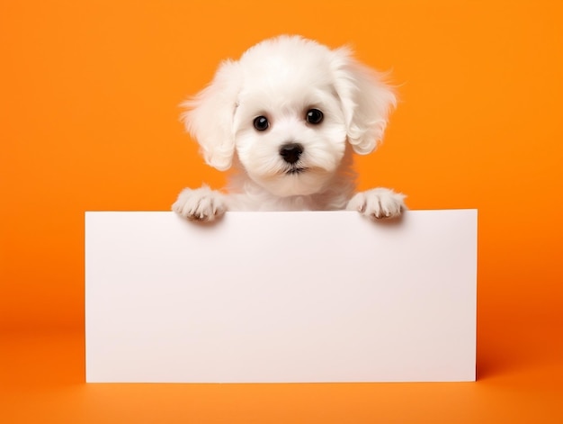 Foto perro cachorro blanco sosteniendo un letrero en blanco sobre un fondo naranja