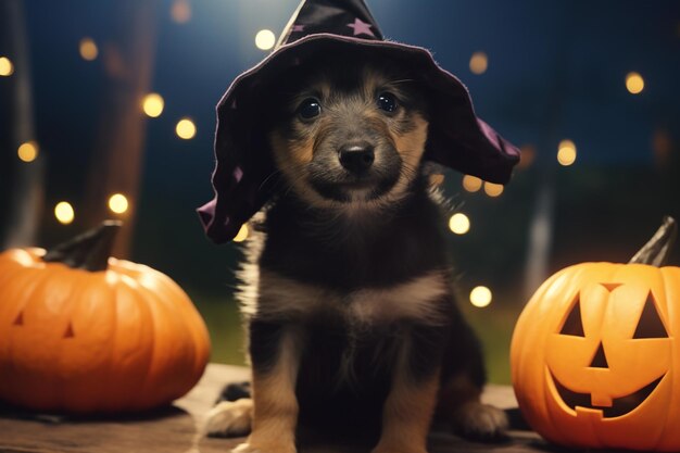 Foto perro cachorro celebrando halloween