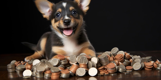 Foto perro cachorro feliz sonriendo con dólar realista 4k
