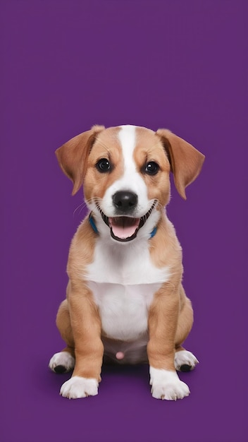 Perro cachorro feliz sonriendo en un fondo púrpura aislado