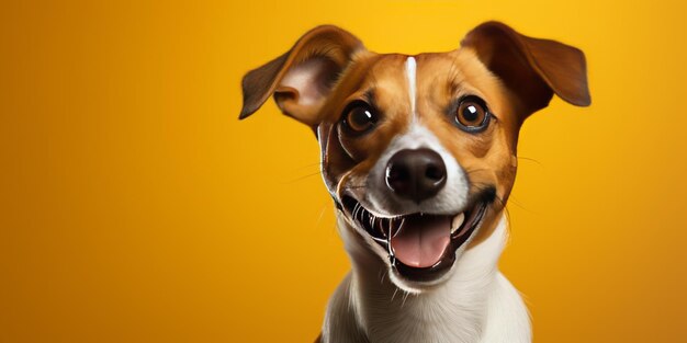 Perro cachorro feliz sonriendo sobre fondo amarillo aislado