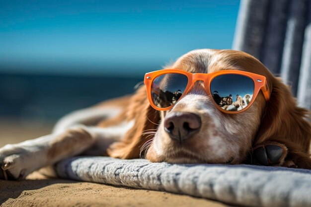 Perro cachorro con gafas de sol acostado en una cama de sol para tomar el sol en la playa mar en las vacaciones de verano vacaciones concepto gracioso AI generativo