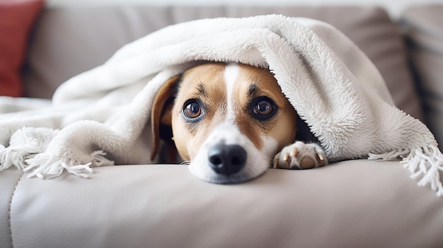 Perro cachorro gracioso tendido en el sofá debajo de cuadros en el interior Perro mascota en casa manteniéndose caliente debajo de la manta