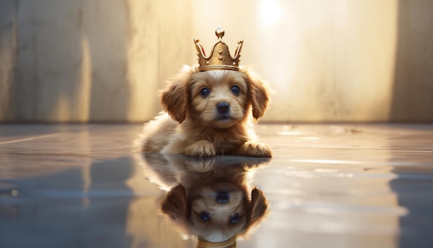 Perro cachorro de juguete con una corona de oro