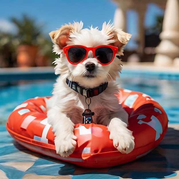 Perro cachorro maltés acostado en una cama inflable en la piscina con gafas de sol en la cabeza generado por la IA