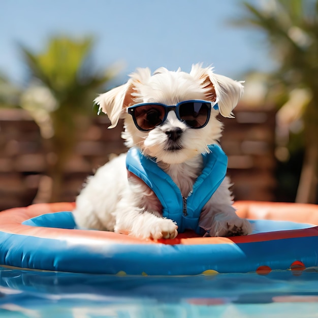 Foto perro cachorro maltés acostado en una cama inflable en la piscina con gafas de sol en la cabeza generado por la ia