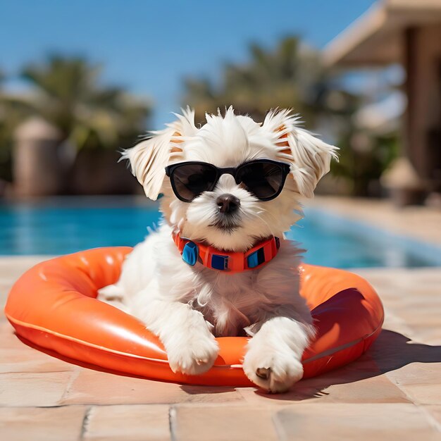 Perro cachorro maltés acostado en una cama inflable en la piscina con gafas de sol en la cabeza generado por la IA