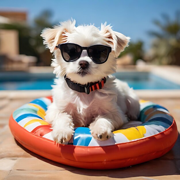 Perro cachorro maltés acostado en una cama inflable en la piscina con gafas de sol en la cabeza generado por la IA