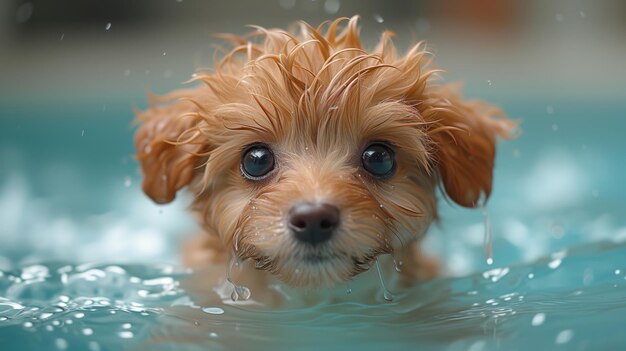 Un perro cachorro de maltipoo marrón gracioso nada en una piscina de verano