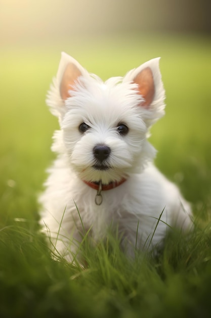 Perro cachorro de pelaje corto blanco en la hierba verde