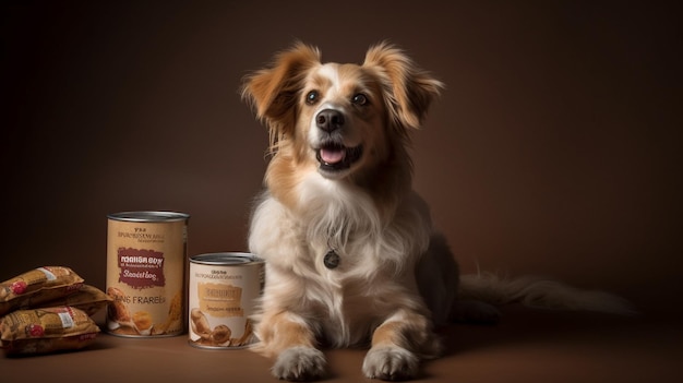 un perro con una caja de comida en la cabeza se sienta junto a un tarro de melocotones.