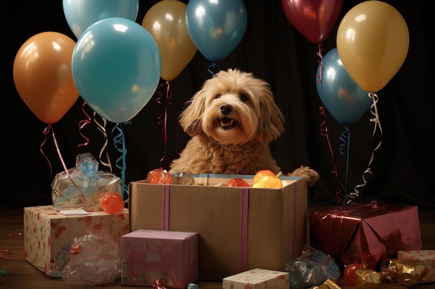 Foto perro con caja de cumpleaños y globos