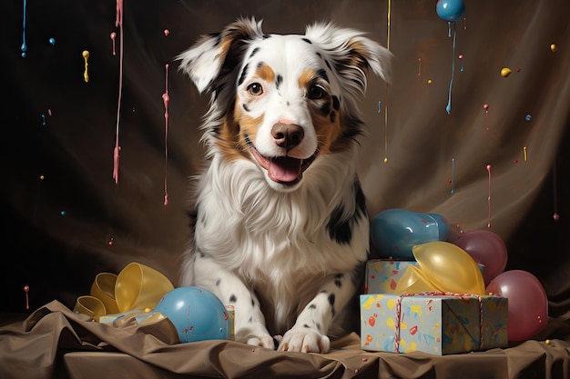 perro con caja de cumpleaños y globos