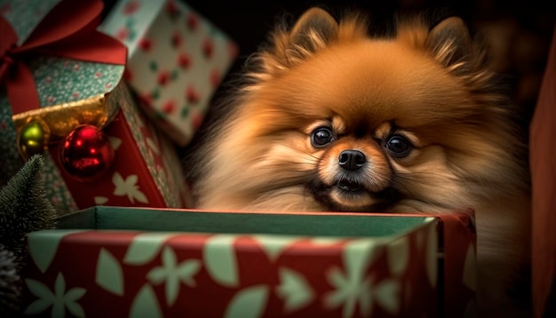 Un perro en una caja de regalo de navidad.