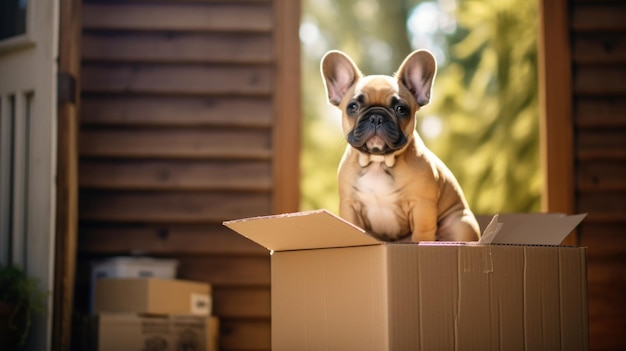 Foto perro en cajas de cartón para mover creado con tecnología de ia generativa